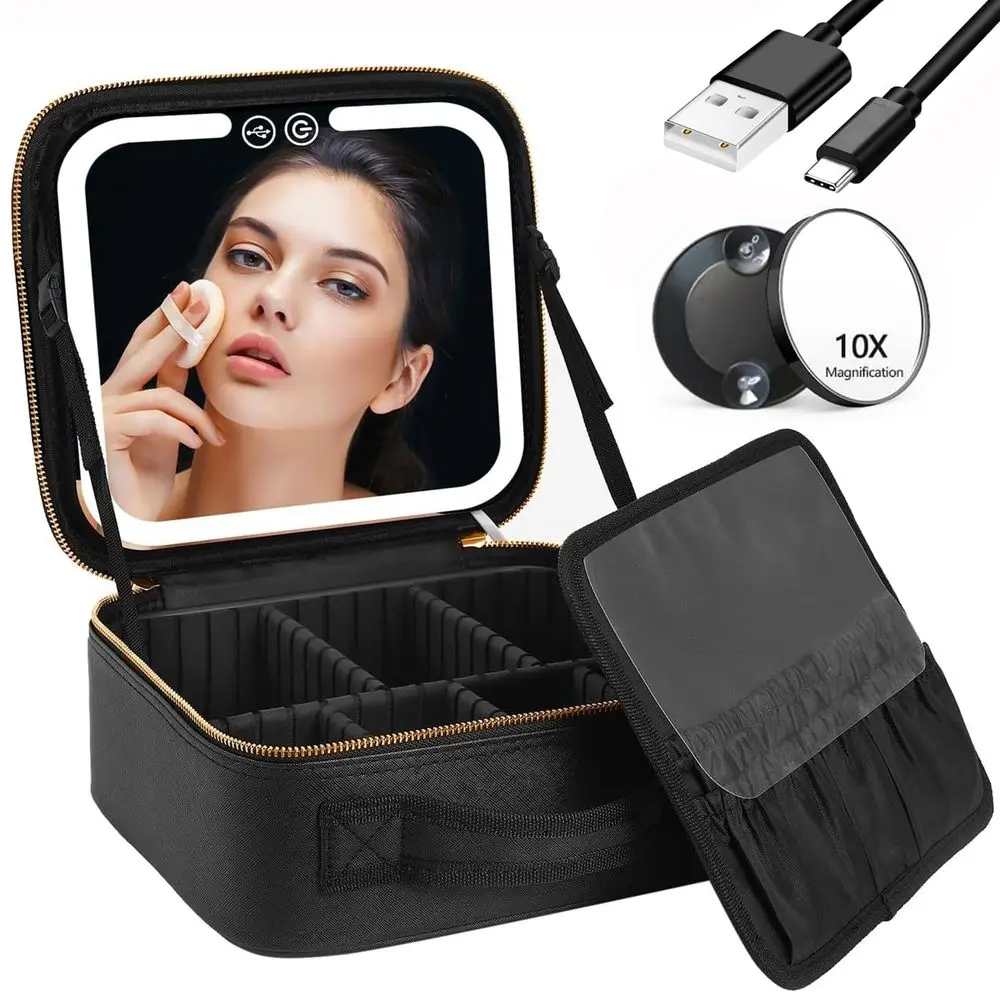 Estuche de Maquillaje de Viaje con Iluminación LED y Espejo, 3 Ajustes de Color, Caja de Maquillaje Cosmética, Organizador de Maquillaje