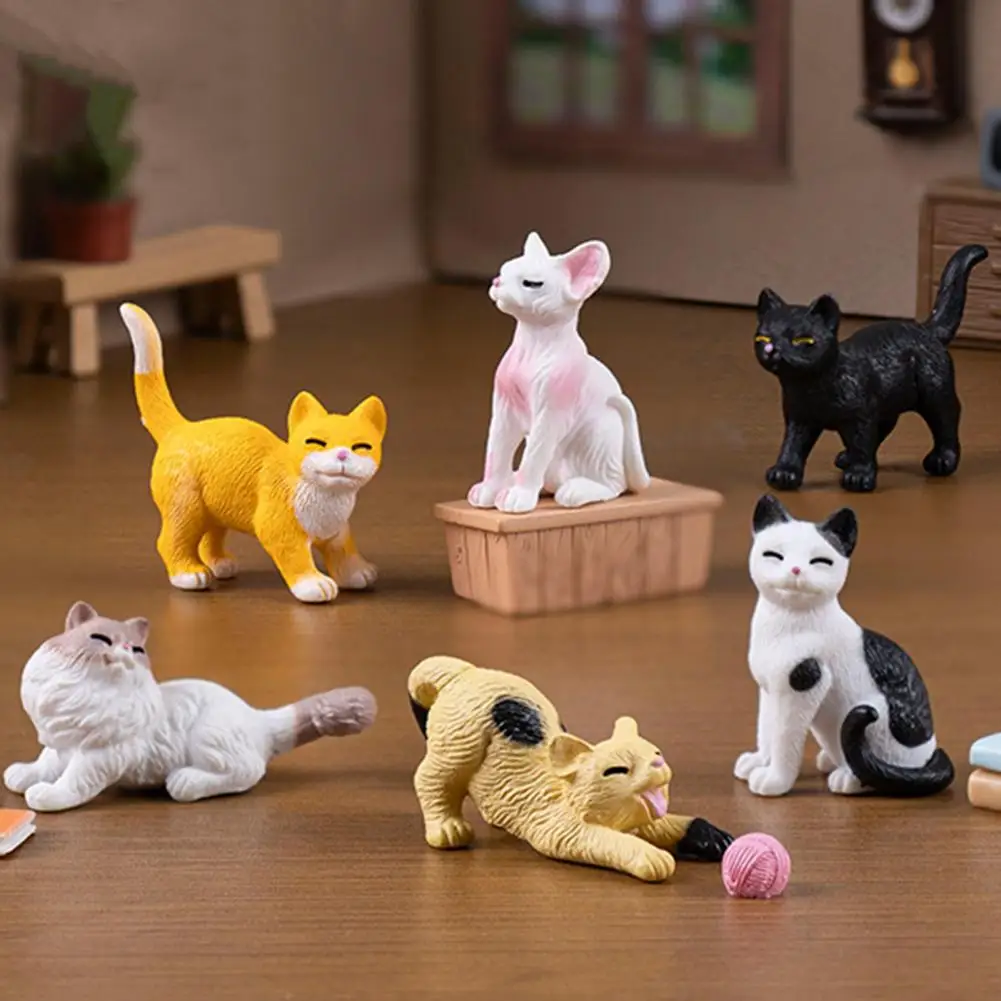 Mini Cat Figurine 6pcs Kitten Ornament Set Mini Cat Statues for Desk Decor Stress Relief Healing Partner Figurines Simulation