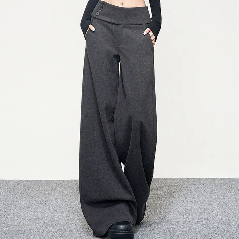 American High Waist Wide Leg Vintage Pants Women 3 Buttons Folds Over Waist Draped Autumn Winter New Loose Floor Length Trousers