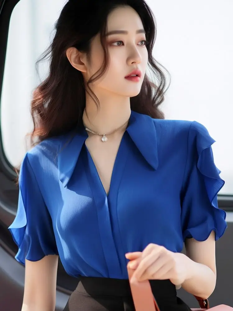 

French Temperament Unique Niche Design High End Small Fragrance Commuting Blue Shirt for Women