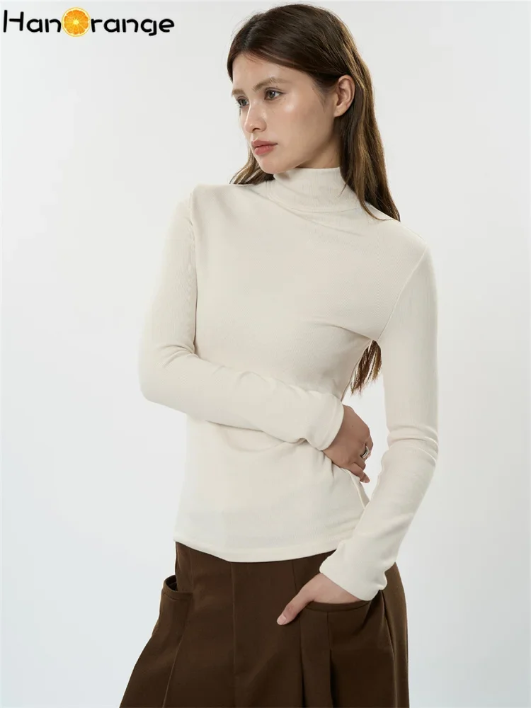 HanOrange 2024 Winter Simple Turtleneck Velvet Bottom T-shirt Women Lightweight Warm Skinny Top Tees Coffee/Beige High Strecth