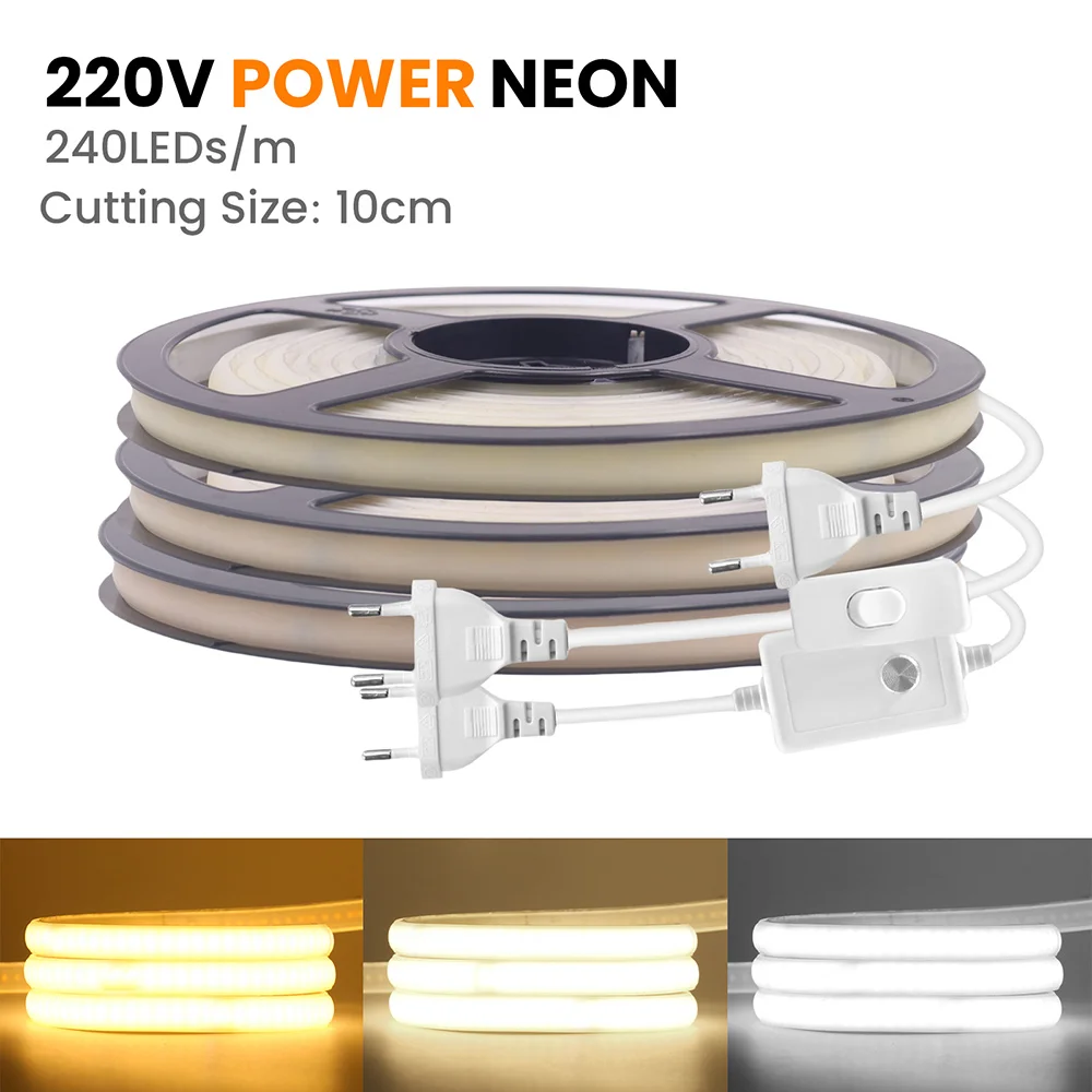 220V Dimmable COB LED Neon Strip Light Dimmer Switch Power Plug Kit 3000K 4000K 6000K 240LED Flex Led Adhesive Tape Waterproof