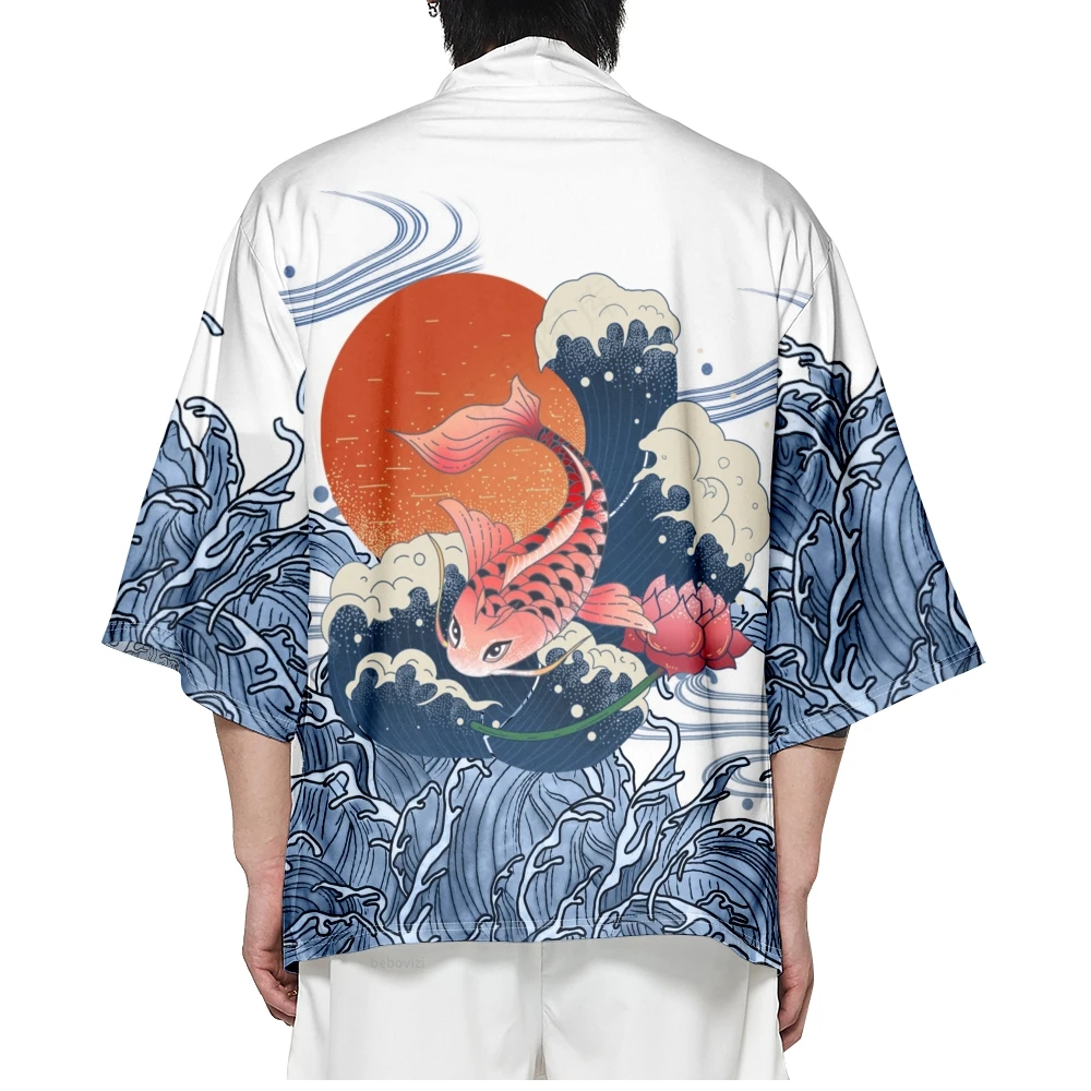 

Japanese Ukiyo-e Fish Wave Print Traditional Kimono Women Men Yukata Cardigan Shirts Cosplay Haori Oversized Streetwear Tops