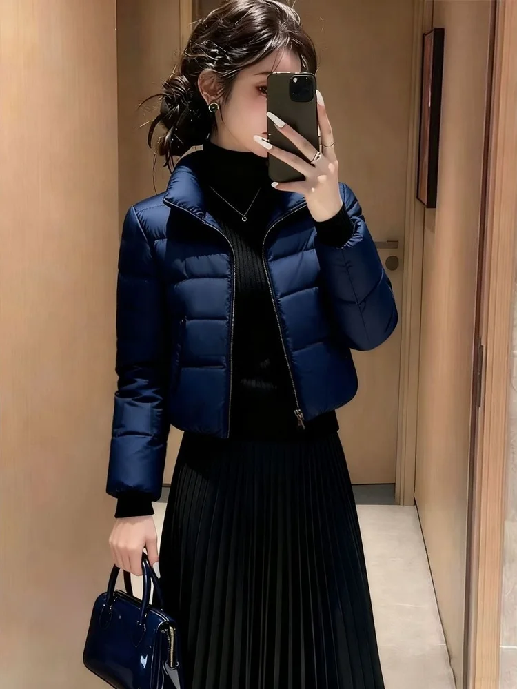 

Slim Fit Short down Jacket Women's Stand Collar Warm Fashionable Cotton Coat Korean Style Thickened Polyester Fiber Zipper Cl...