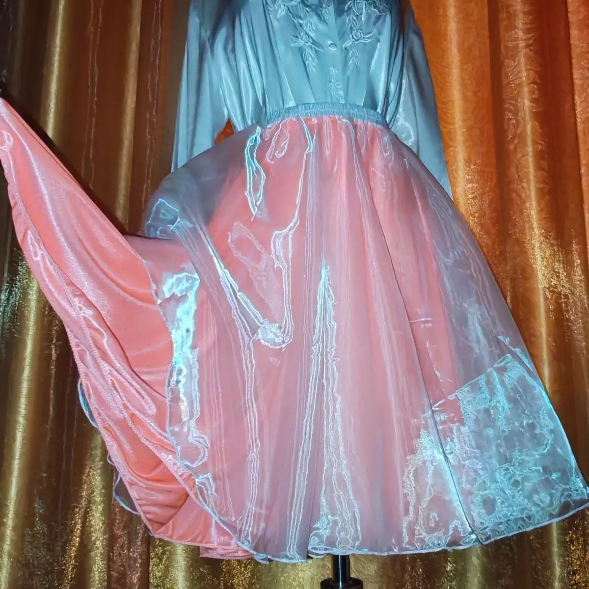 

Glossy Double Layers Satin Gauze Organza Skirt Elegant Women High Waist A Line Midi Bottoms