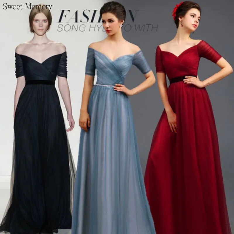 N1140 فساتين السهرة الرسمية رمادي أزرق النبيذ الأحمر الأسود اللباس الحلو الذاكرة أنيقة قصيرة الأكمام الطابق طول فستان حفلات الزفاف