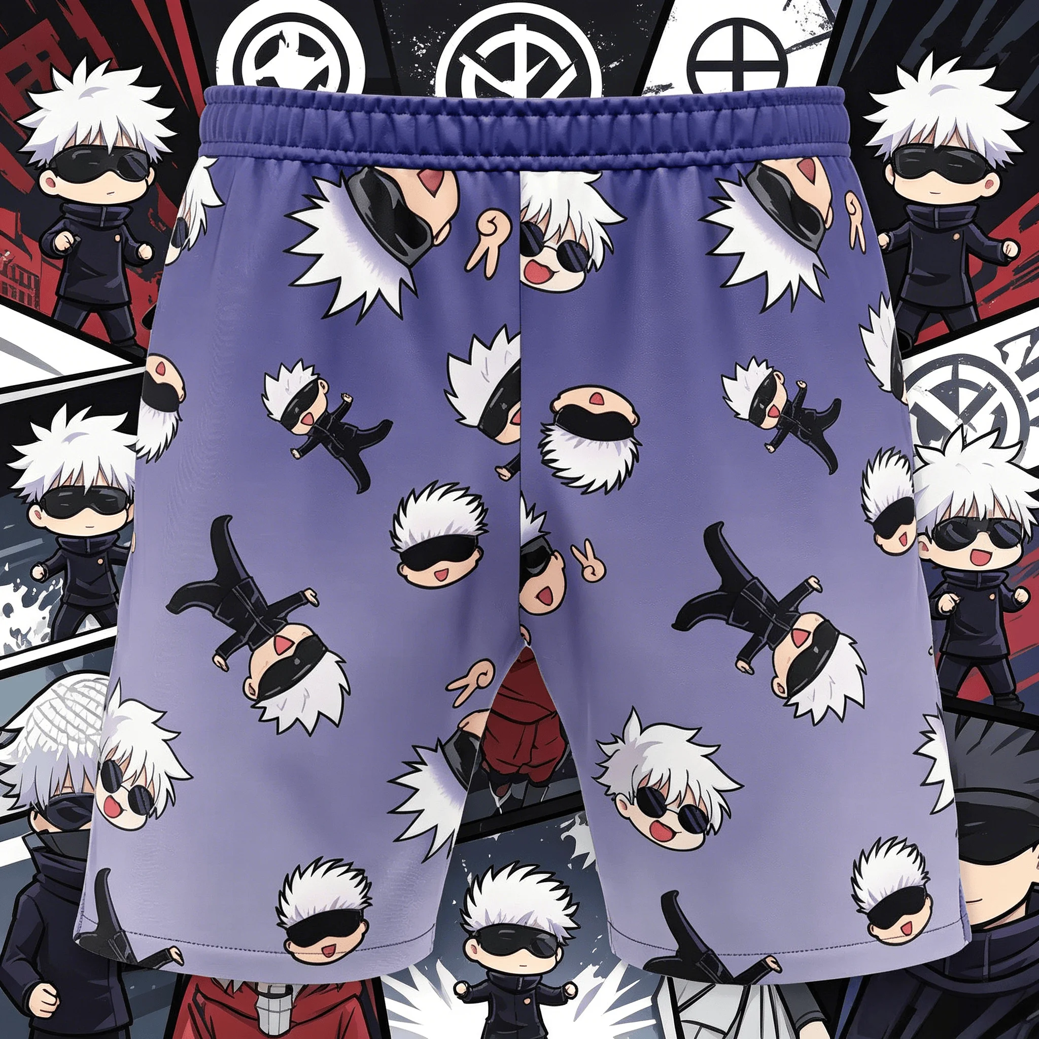 2026 Summer Jujutsu Kaisen Gojo Satoru Chibi Print Quick Dry Gym Shorts, Men's Unisex Anime Allover Print Running Sports Shorts