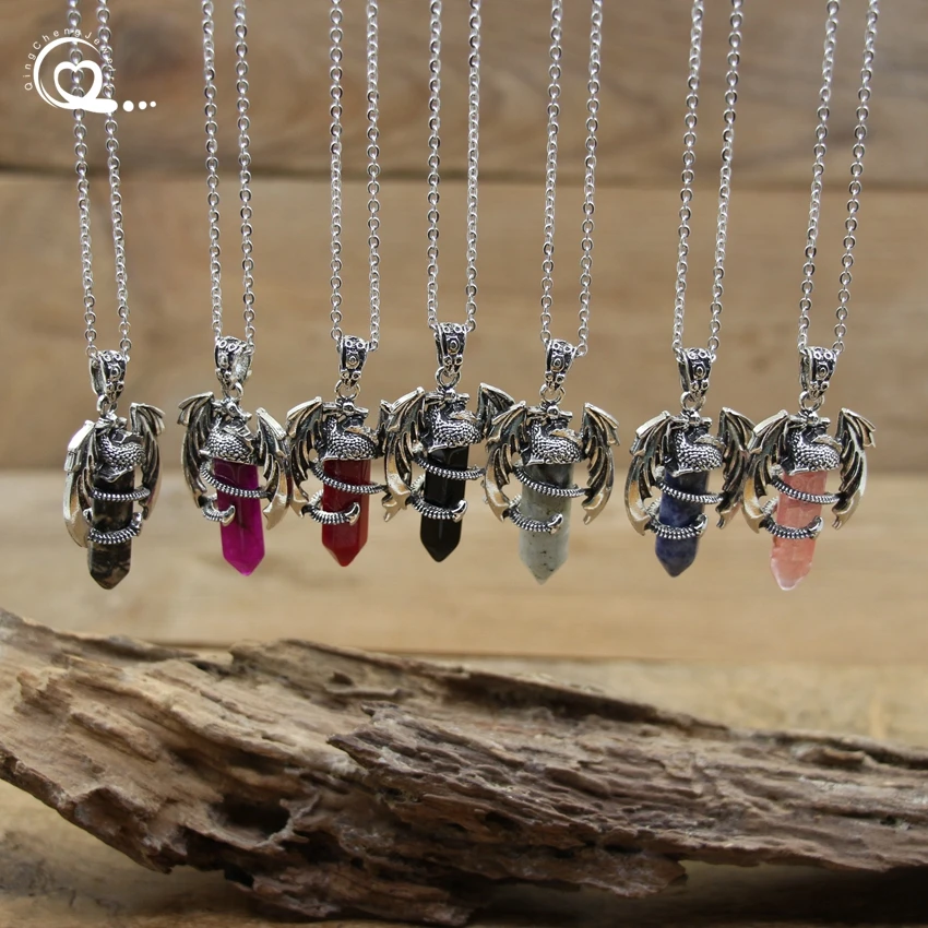 Natural Stone Dragon Pendant Stainless Steel Man Necklace Healing Crystal Quartz Hexagonal Lapis Animal Vintage Jewelry QC3359