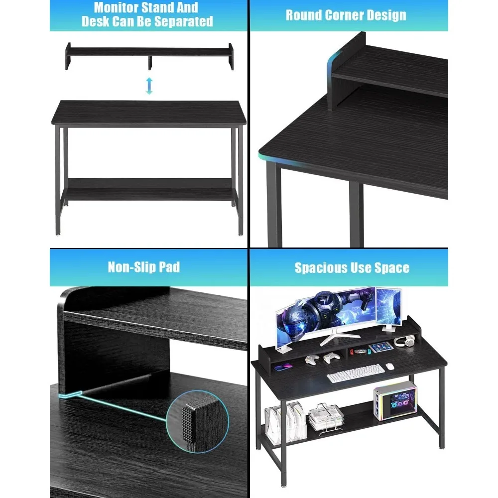 WOODYNLUX Escritorio de ordenador con estantes, escritorio de escritura para juegos de 43 pulgadas, mesa de PC de estudio, estación de trabajo con