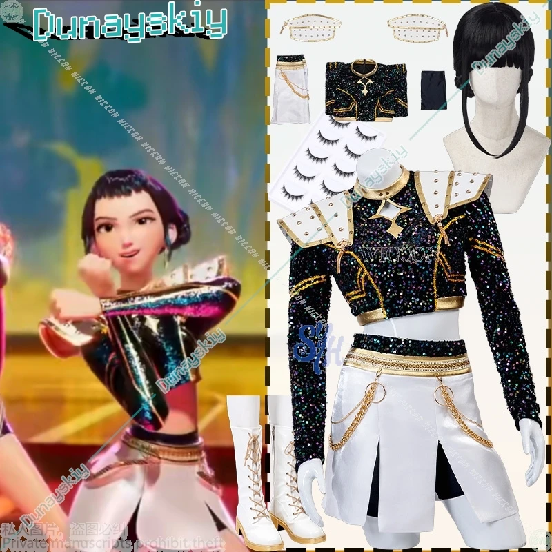 

Huntrix Zoey Kpop Demon Cosplay Anime For GOLDEN Stage Uniform Black Coat White Mini Dress Kawaii Jirai Kei Girls Korea Idol Cos