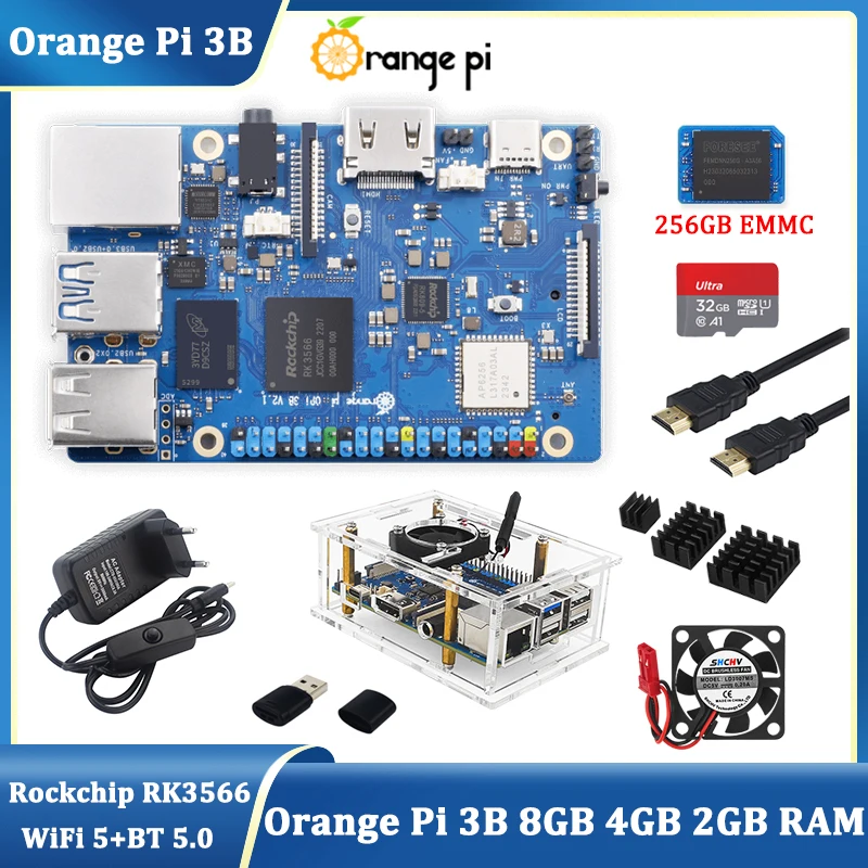 Orange Pi 3B 8GB 4GB 2GB RAM Rockchip RK3566 Quad-Core 64-bit WiFi+BLE Gigabit SBC Opcjonalny zasilacz eMMC 256GB dla OPI 3B