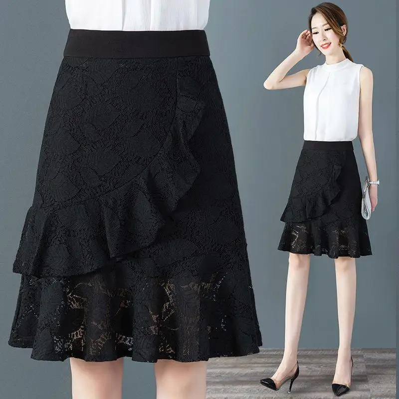 Summer 2026 High Waist A-Line  Skirt Women's Lace Thin Design Fish Tail Skirts Black Color Midi Skirts for Ladies