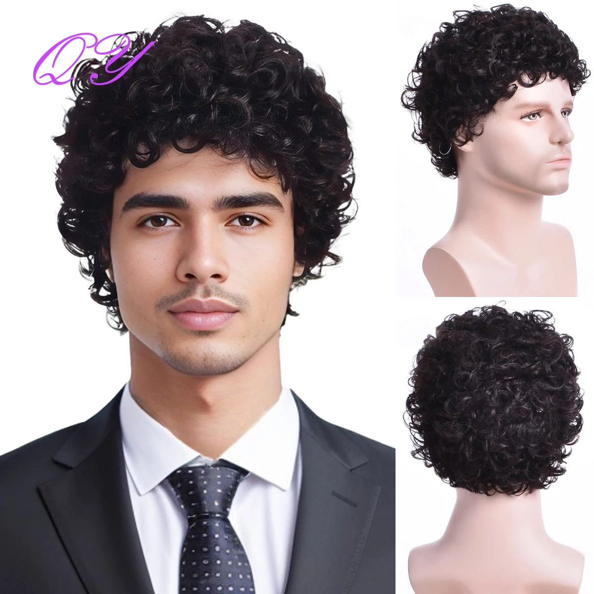 Cheveux courts bouclés synthétiques pour hommes, ultraviolets bruns, style tendance, taille réglable, respirant, 2023, #4