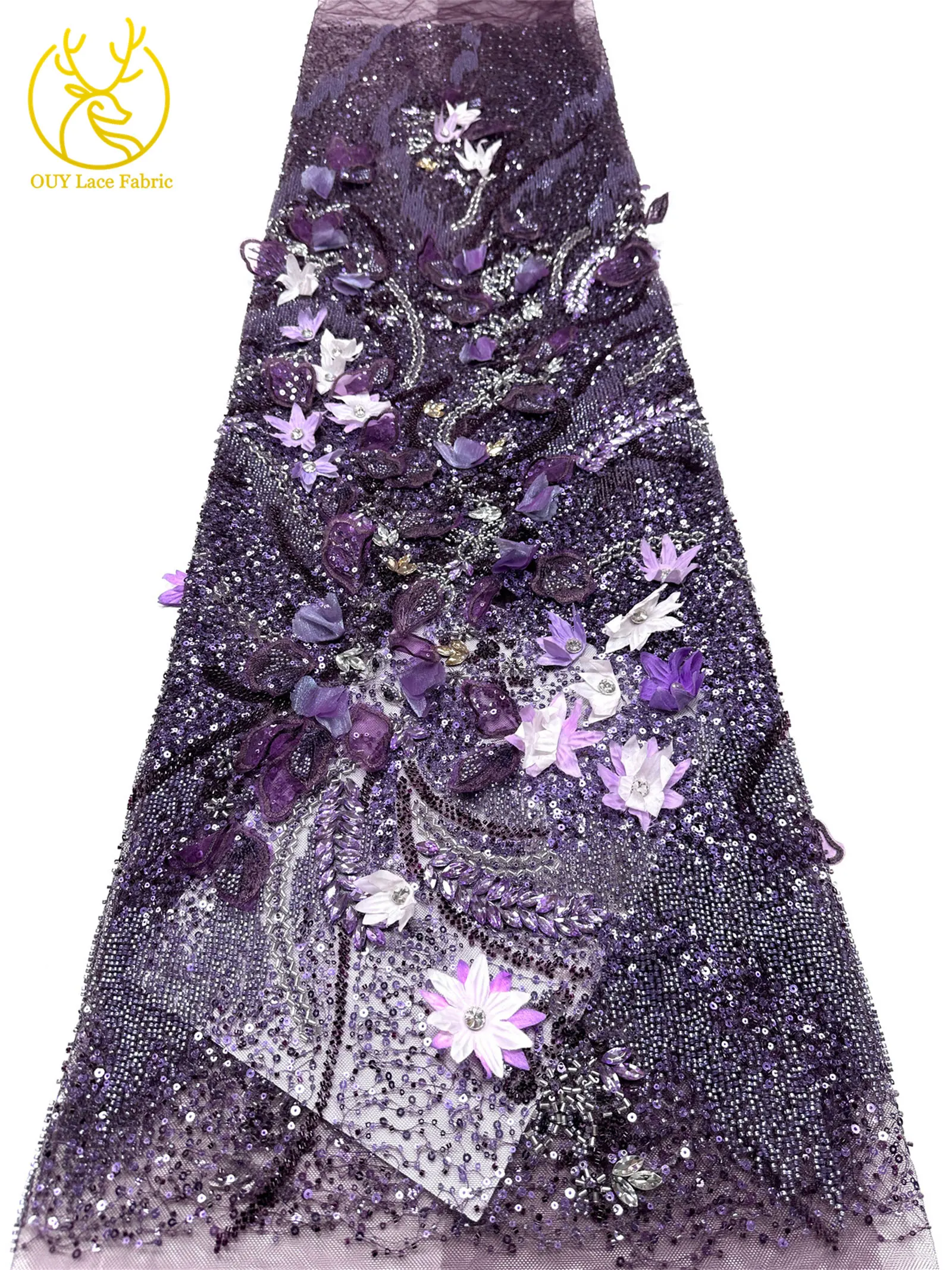 Hochwertiger luxuriöser französischer Edelstein-Perlenstickerei-3D-Blumen-Afrikanischer-Pailletten-Spitzenstoff für DIY handgefertigtes Hochzeitskleid. – Detail 28