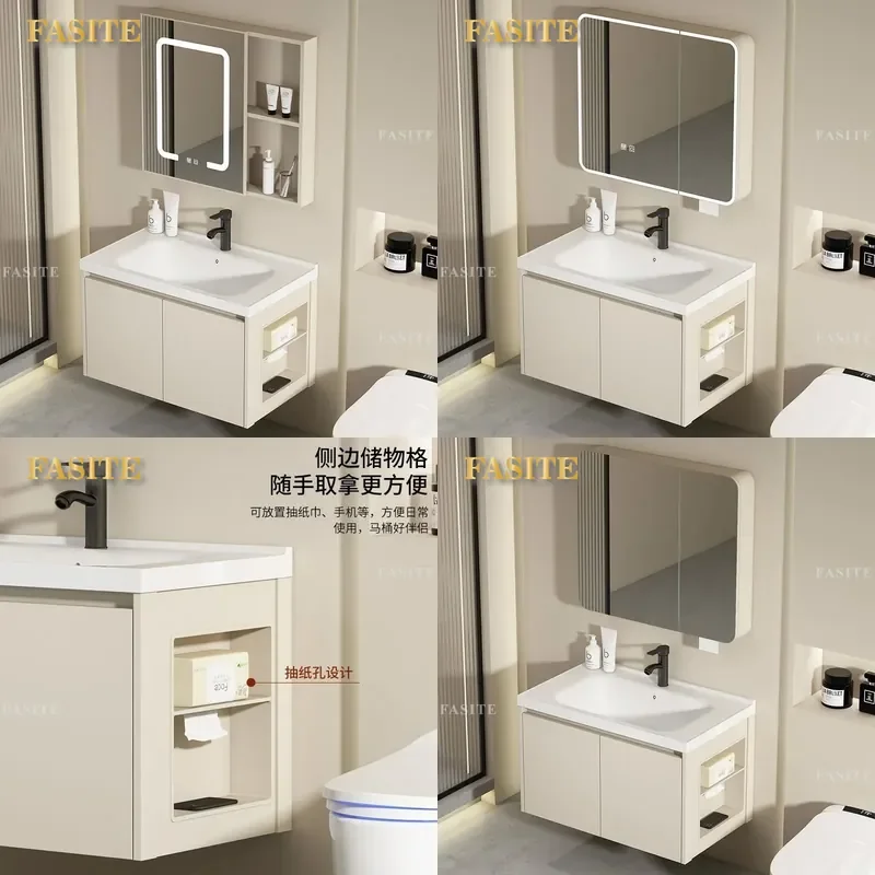 For Thickened Space Aluminum Bathroom Cabinet with Ceramic Integrated Basin Side Washbasin Combo Modern Storage Vanity Unit