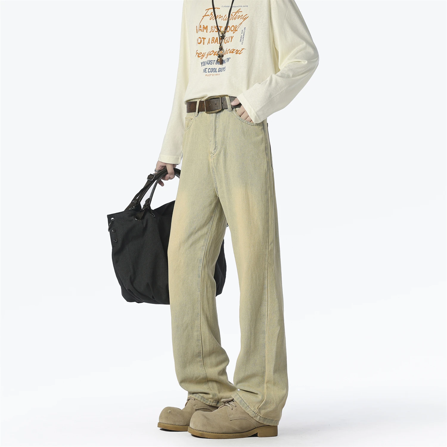 

LAPPSTER New Harajuku Loose Jeans Men Korean Style Fashion Straight Wide Leg Pants Yellow Casual Clothing Light Blue Denim Pants