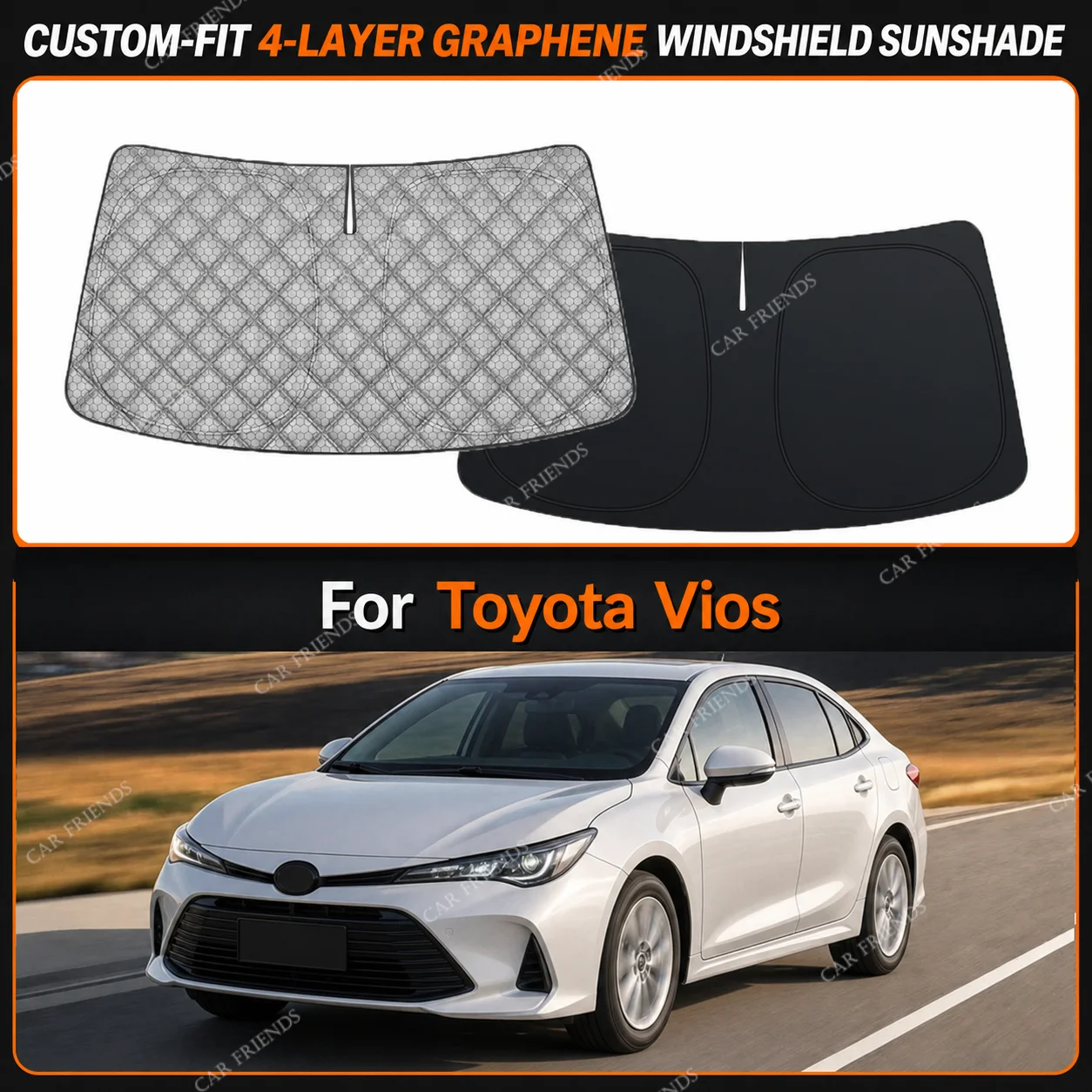 For Toyota Vios Custom-Fit 4-Layer Graphene Windshield Sunshade Reflective Gray-Silver Surface Helps Reduce Direct Sunlight