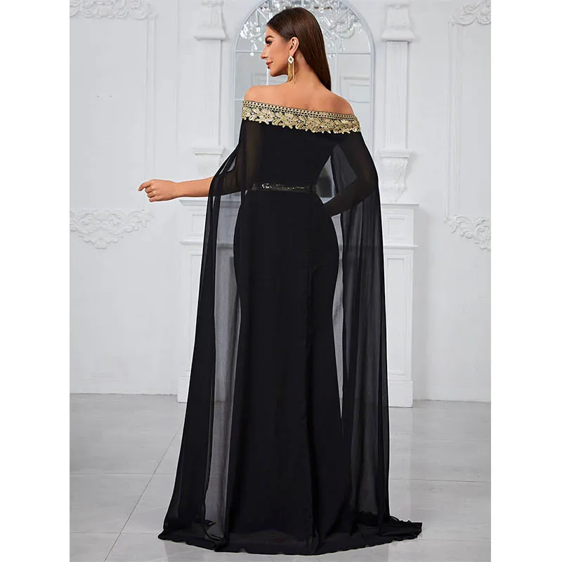 Abaya dubai luxury ramadan 2024 Muslim Women Off shoulder Sequined Black Chiffon Evening Party Cocktail Prom Long Maxi dresses