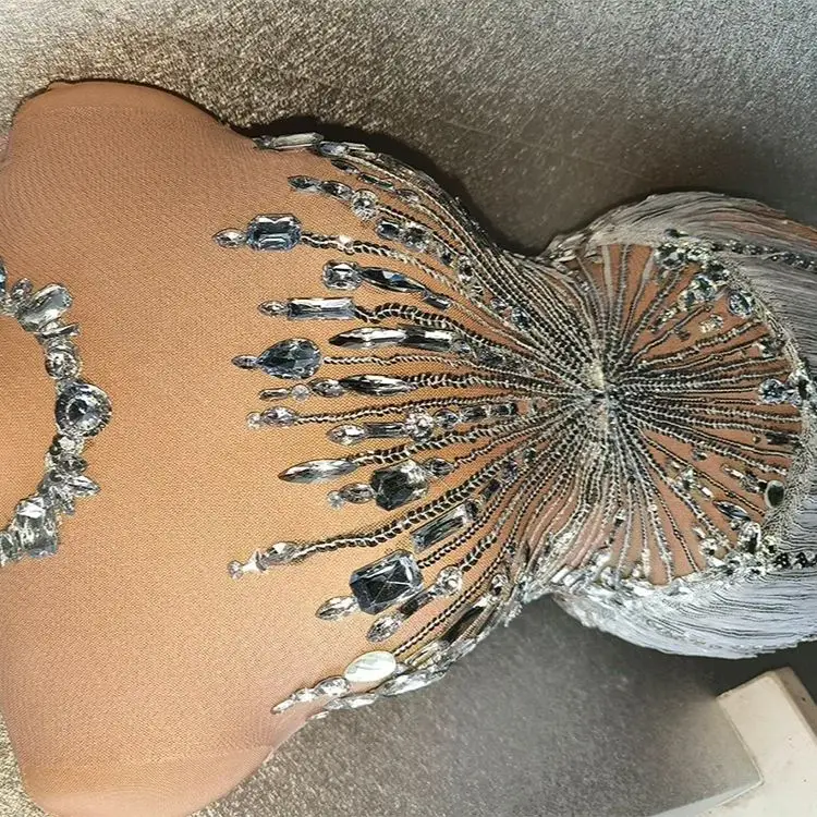 

Diamond Rhinestone Bodysuit Sequins white Fringes Sexy Mesh See through Dance Costume birthday party Stage Wear Club Leotard