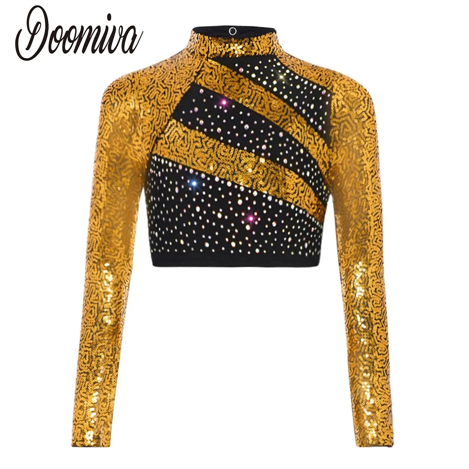 أطفال بنات الجاز الرقص الحديث الأعلى الباليه الشكل التزلج المحاصيل الأعلى طويلة الأكمام وهمية الرقبة سباركلي الترتر قميص لأداء المرحلة