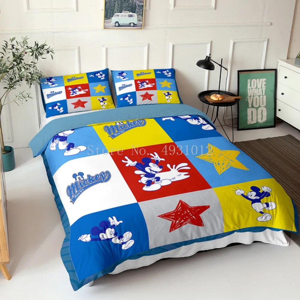 Home Textile Disney Mickey Minnie Mouse Cute Cartoon Color Print Bedding Set Duvet Cover Pillowcase Children Bedroom Decoration