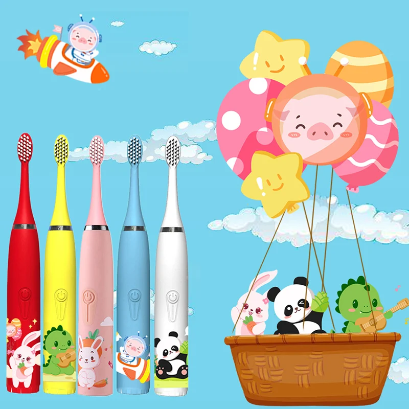 Sonic Electric Toothbrush For Kids Colorful Cartoon IPX7 Waterproof With Replacement Heads Cleaning Automatic Rechargeable Brush