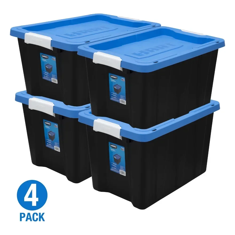 

12 Gallon Latching Plastic Storage Bin Container, Black with Blue Lid, Set of 4