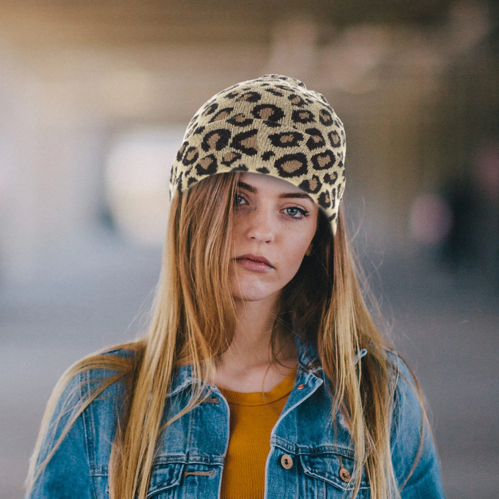 

Warm Woman Knitted Hat Camel Leopard Pattern Soft Cozy One Size Fits Most Stretch Beanie for Autumn Winter Gift
