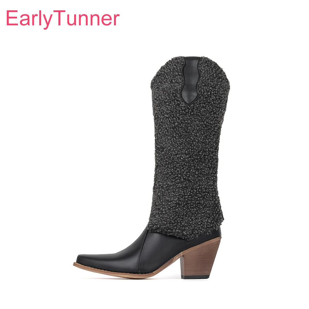 2026 Winter Warm Fleece Women Knee High Boots 3inch High Block Heels Lady Cowgirl Shoes Large Small Size 11 33 43 46