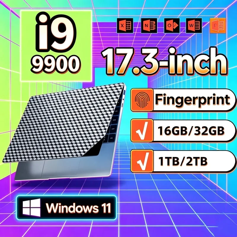 Hot 17.3' Notebook Intel I9-9900 32GB 2TB Windows 11 Large Screen Fingerprint Unlock Office Heavy Laptop Computer PC