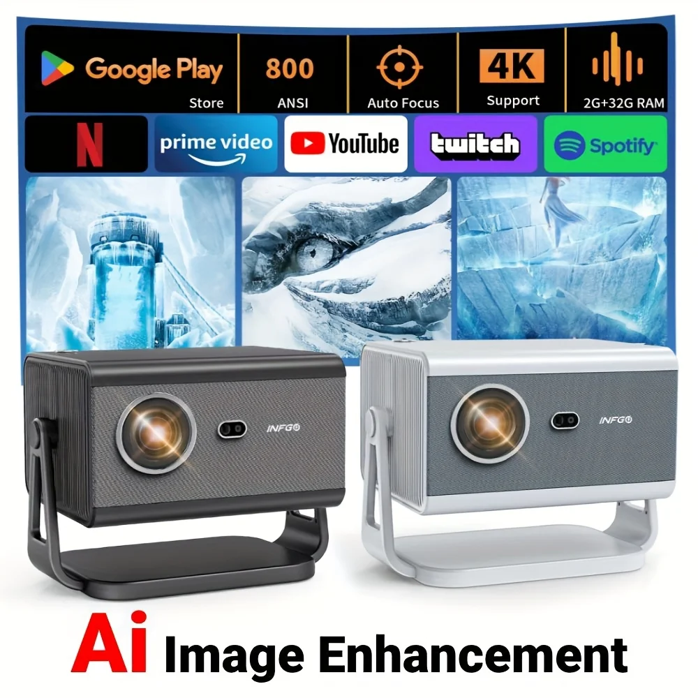 

4K Smart Projector Fully Enclosed Upgraded Version With WiFi 6, 800 ANSI Lumens Dual App Store 6D Keystone Auto Focus