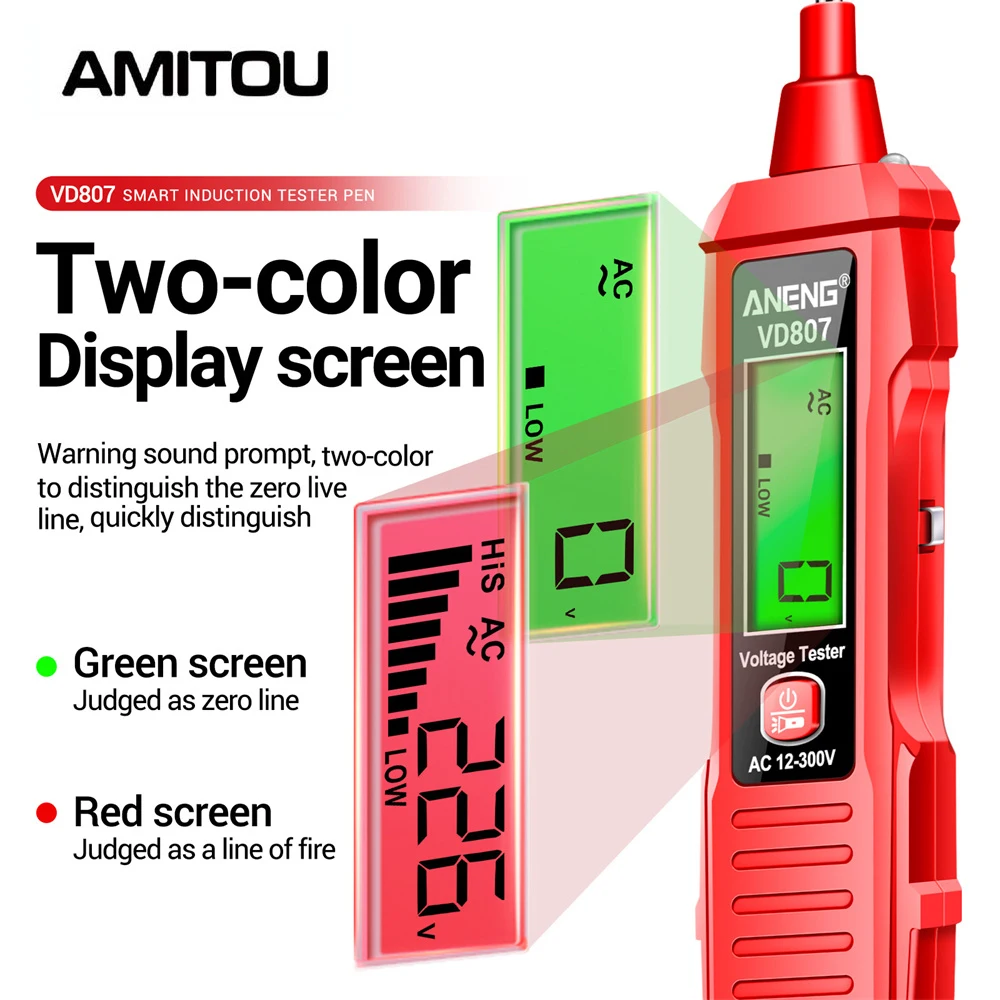 AMITOU VD807 кабельный тестер, одно слово, индукционный портативный 50/60 Гц, умный электрический тестер-ручка, датчик NCV, инструмент для обнаружения проводов переменного тока 12-300 В