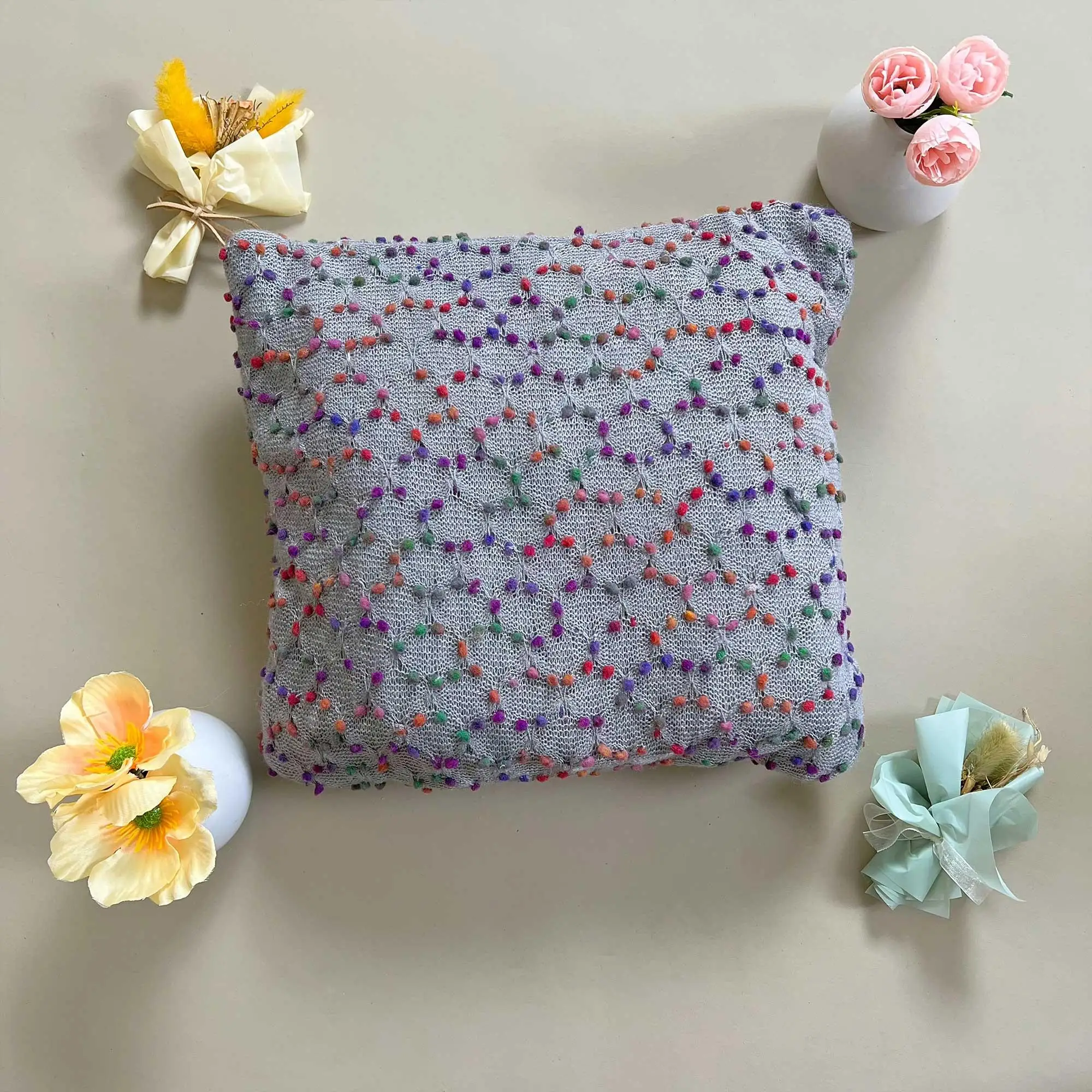 Waist Pillowcases Square Pillow, For Sofa Bedroom Decoration Sofa Accessory, White Rainbow Dots. Soft Decor