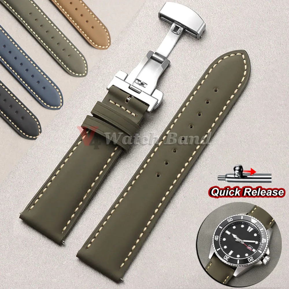 Grünes Rindsleder-Uhrenarmband, 18 mm, 20 mm, 22 mm, für Omega, für Seiko, Armband mit Schmetterlingsschnalle, für Herren und Damen, Sport-Armband-Zubehör