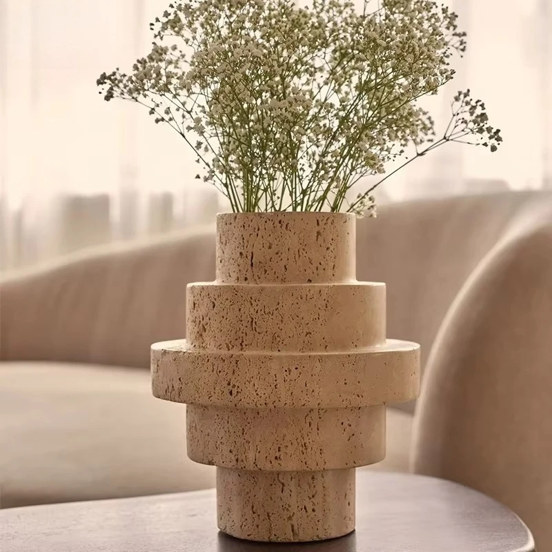 Modern European Style Travertine Stone Flower Vases Textured Vase For Home Decoration