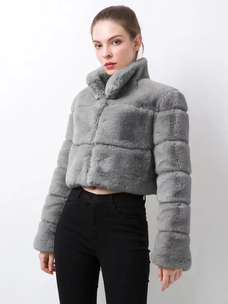 Krótka kurtka ze sztucznego futra królika, patchworkowa kurtka pluszowa ze sztucznej skóry, jednolita stójka, damskie futrzane kurtki zimowe z długimi rękawami, puszyste topy.