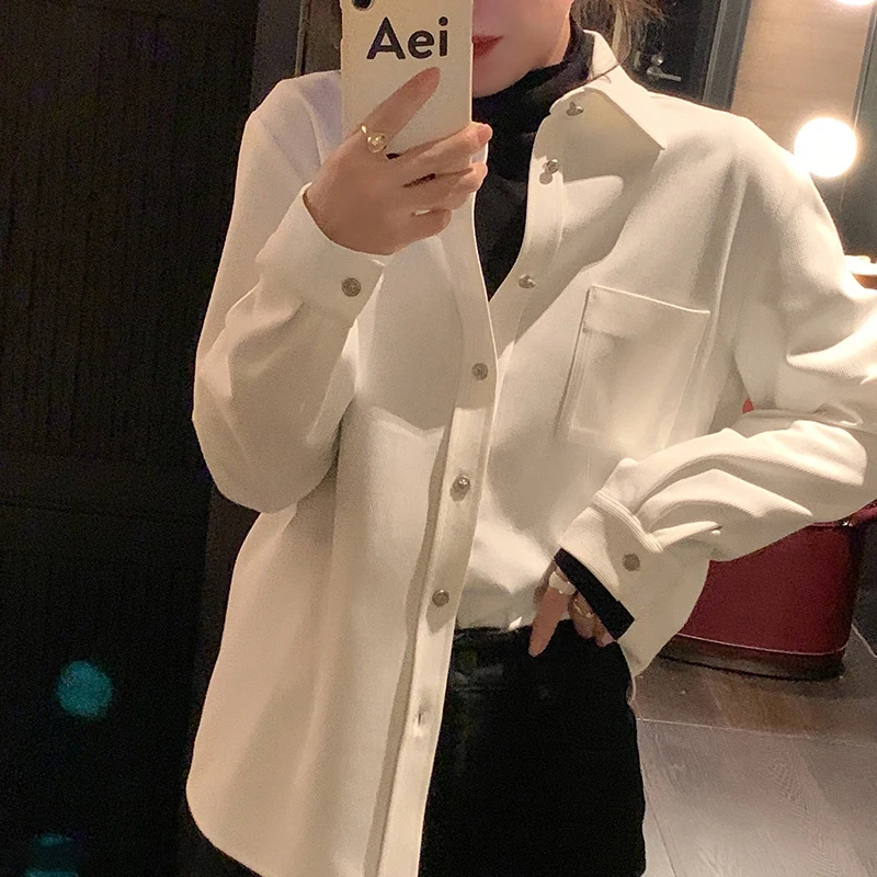 

Женская свободная флисовая рубашка в стиле ретро в гонконгском стиле, осенне-зимний модный многослойный топ в корейском стиле, прямой крой, с пуговицами