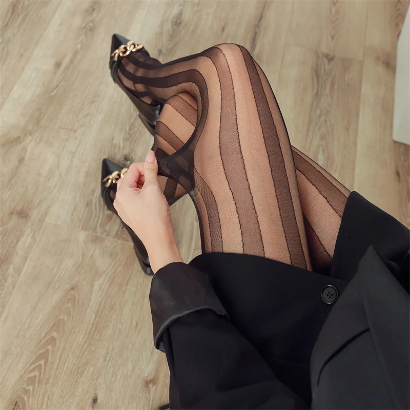 European Vertical Stripe Tights  Black Jacquard Stockings with Side Seam Detail  Snag Proof Reinforced Pantyhose