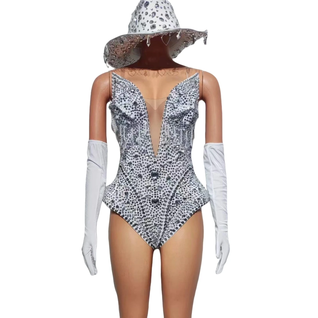 Rhinestone Glitter Bodysuits For Women Luxury Leotard With Gloves Hat Photoshoot Props Homecoming Celebrate Drag Queen Outfit