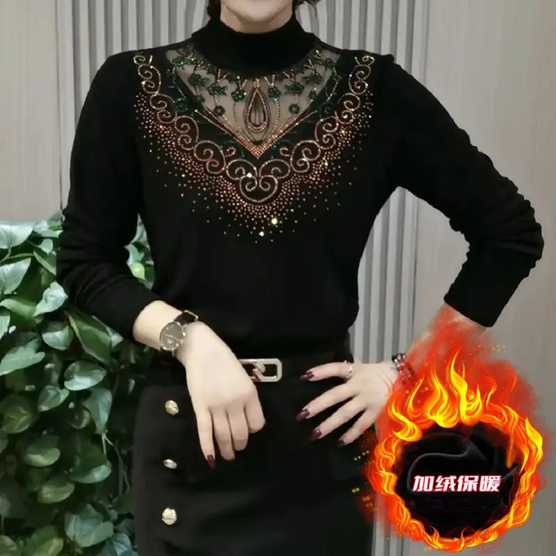 

2023 Autumn and Winter Fashionable Western Lace Hollow Hot Diamond Half High Neck Slim Fit and Thickened Women's Underlay Shirt