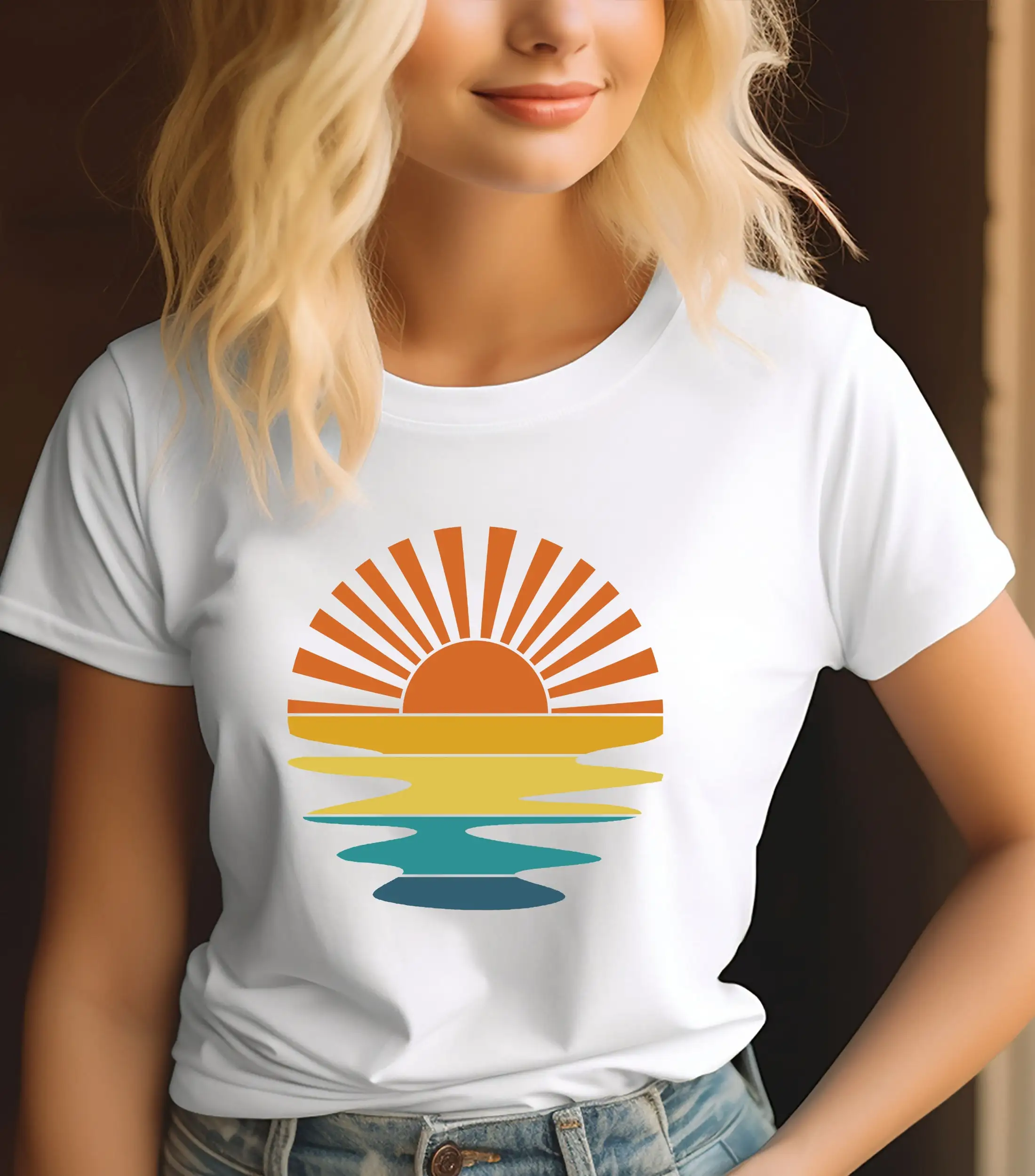 Retro Sunset Rays Wavy T Shirt Sun Sunshine Motivational Summer Time Beachy Vibes