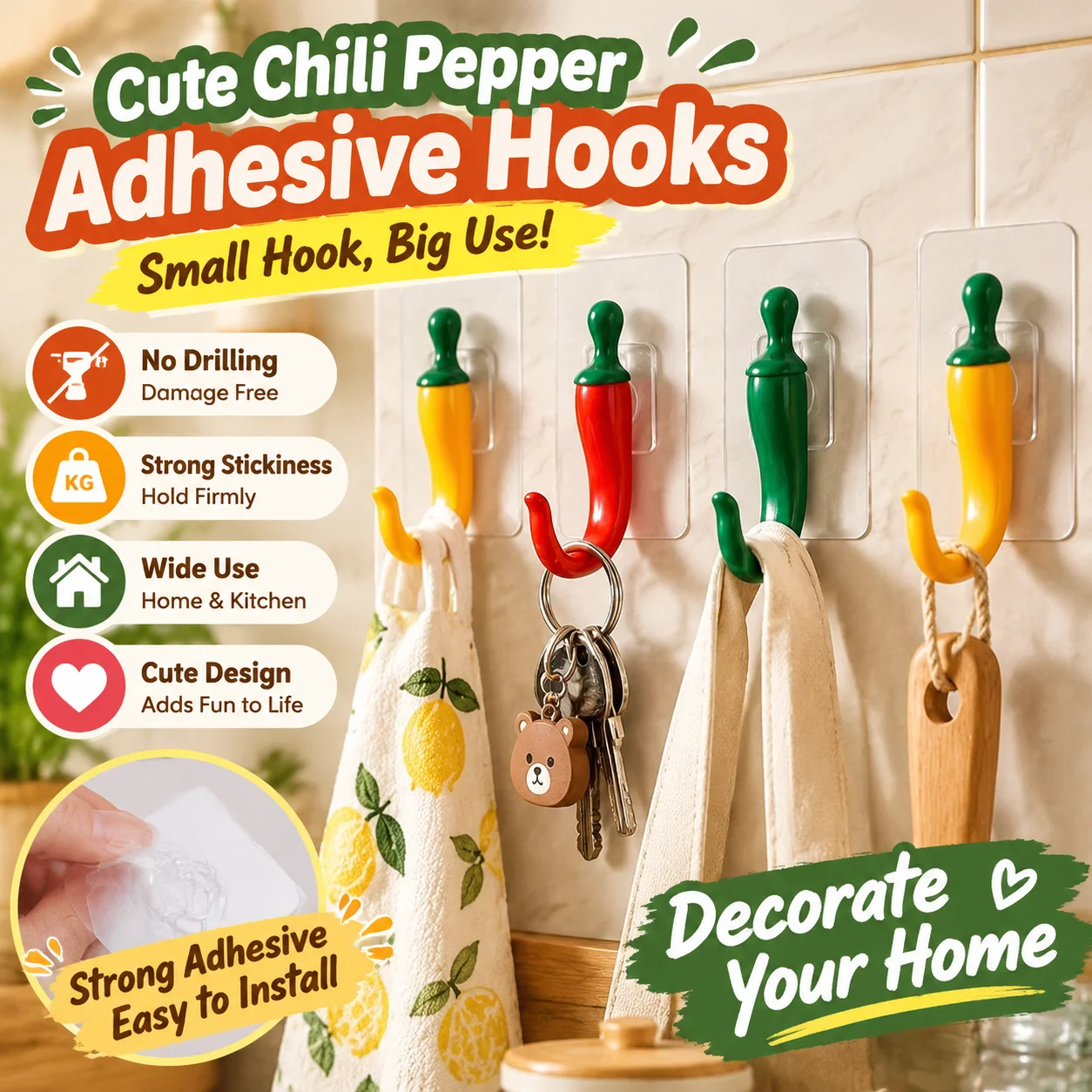 Creative Small Chili Pepper Hooks No Drill Home Kitchens Walls Trace Free Adhesive Hooks Cute Decorative Key Hook Pack Set