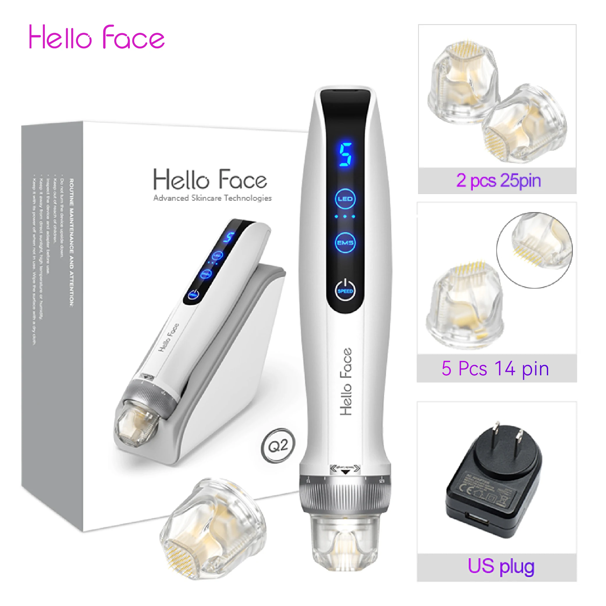 Hello Face Microneedling Pen Q2 Bio-Stift mit 7 Stück Titannadel, professioneller Derma-Stift, EMS-Therapiegerät für rotes und blaues Licht 10