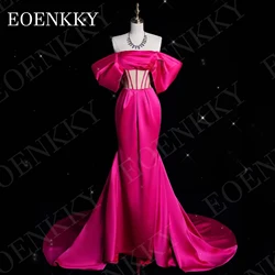 EOENKKY Mermaid Evening Dresses Woman فساتين سهرات Illusion Back Off Shoulder Satin Formal Party Dress Fuchsia Celebrity Dubai