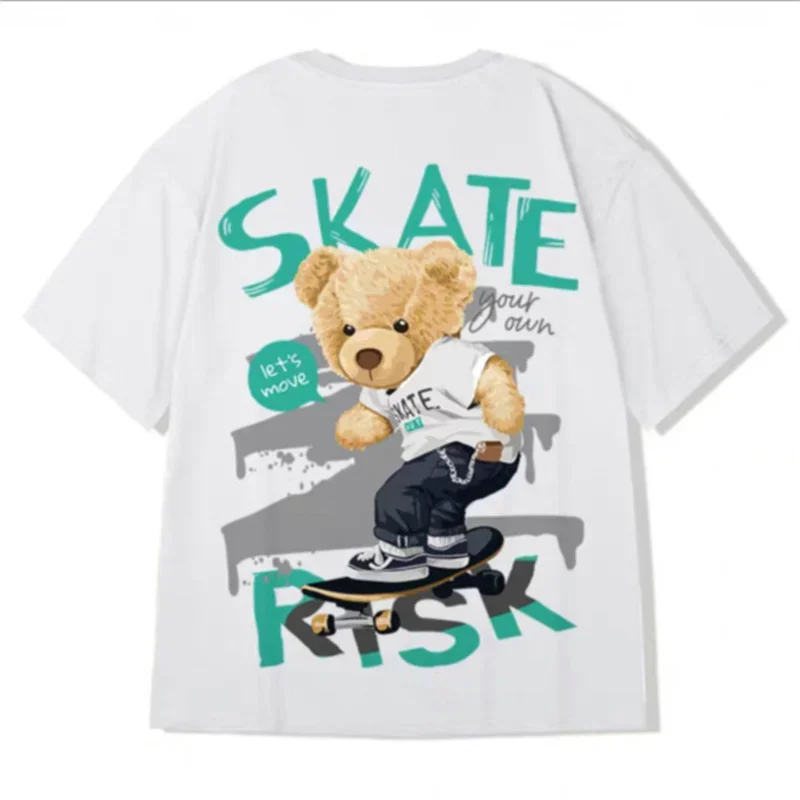 Skate Bear Printed Oversized T-shirt For Men Summer Hip Hop Short Sleeve Graphic T Shirt Couples O-Neck Y2K Streetwear Tee Shirt