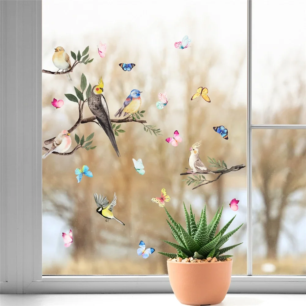 Window Cling Sticker Watercolor Branch Bird Butterfly Floral Pattern for Home Party Shop Window Glass Display Decoration