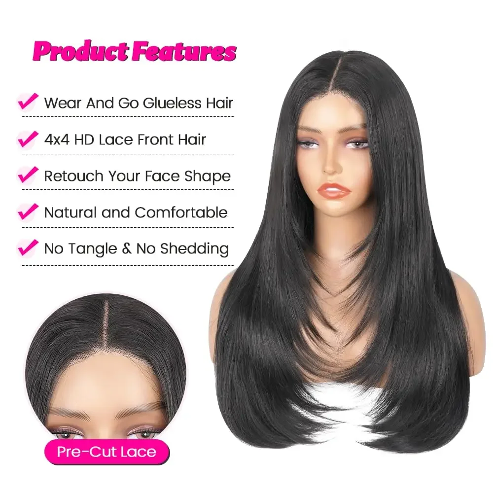 Layered Cut Straight Glueless Lace Wigs For Black Women Pre Cut Butterfly Haircut Straight 4X4 HD Lace Closure Synthetic Wigs