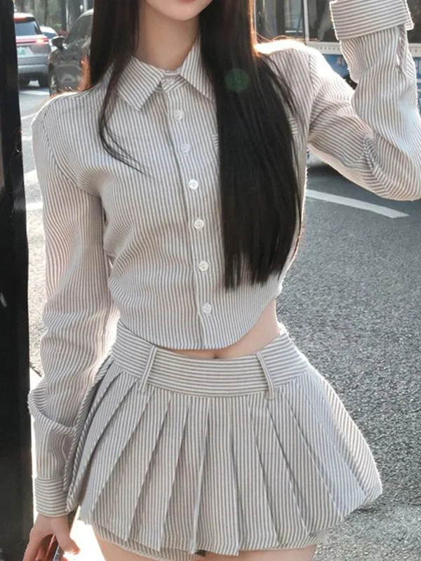 American college style striped long sleeved shirt top womens 2024 Spring and Autumn Spicy Girl high waisted pleated skirt PCMS