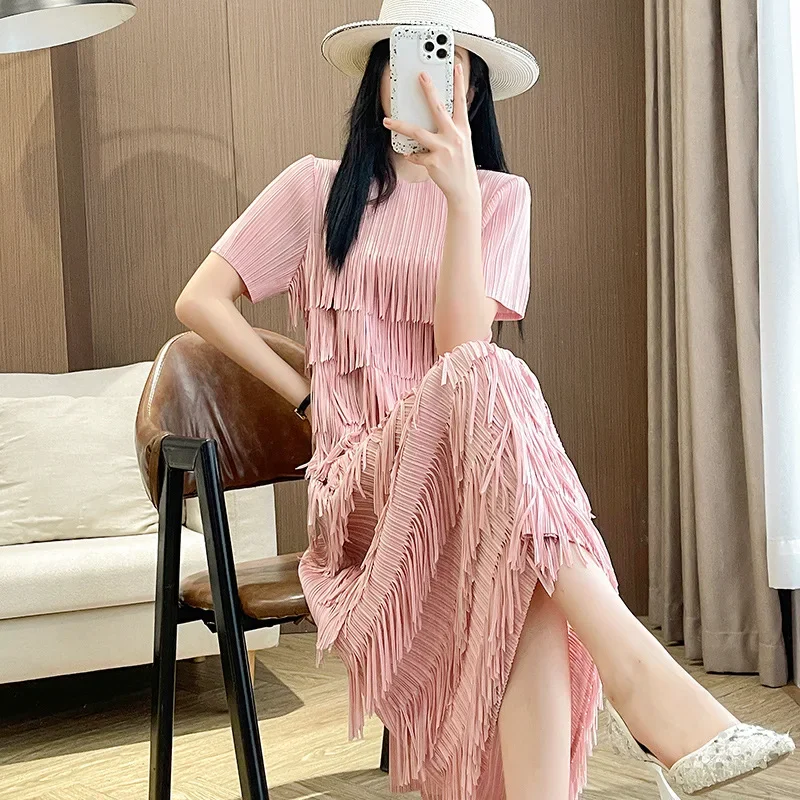 

Pleats Pleated Dresses2024 Summer High End Chic Fringe Dresses Women Elegant Gentle Pleated Casual Dresses Women Clothing