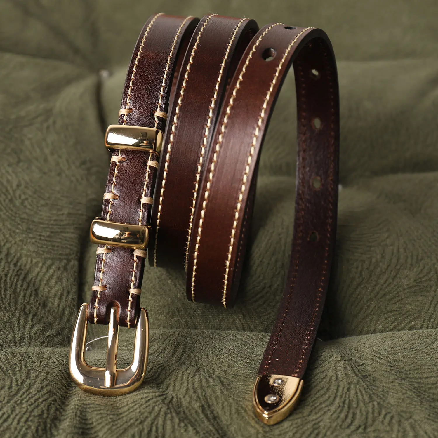 Vintage Top Layer Leather Belt for Women 1.8cm Skinny Waist Belt Gold Buckle French Commuter Genuine Leather Trousers Belt